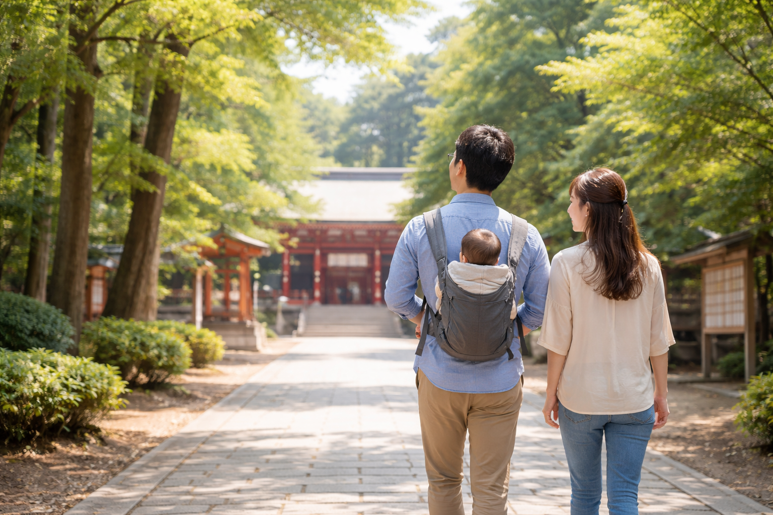 神社で赤ちゃんを連れて参拝する親子の後ろ姿